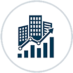 Pequeno prédio com um gráfico simbolizando uma Empresa/Corporação em crescimento.